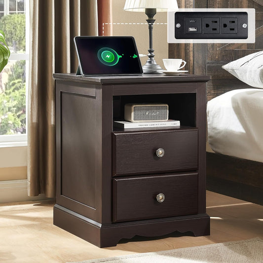Merluxy Farmhouse Nightstand with Charging Station, Wooden Bedside Table for Living Room, White