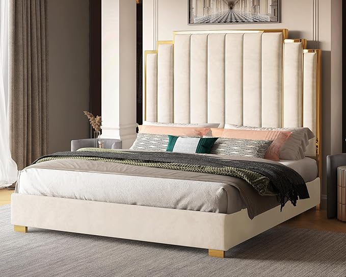 King Size Platform Bed Frame, 65" Velvet Upholstered Bed with Gold Trim Headboard/Wooden Slats/No Box Spring Needed/Cream