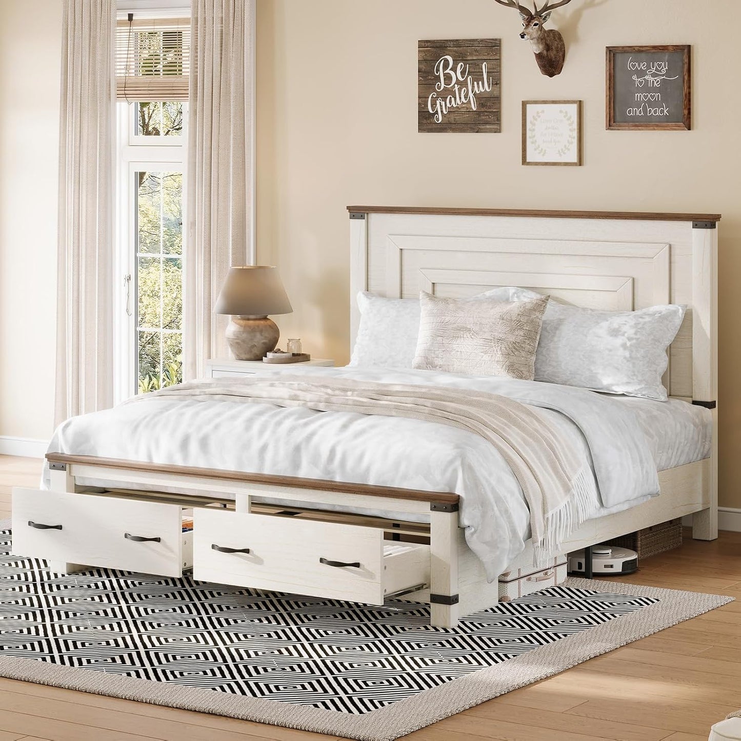 Amerlife Farmhouse Bed Frame with 54" Tall Geometric Headboard & Storage Drawers