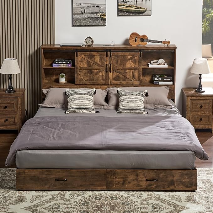 Full Size Bed Frame, Wooden Platform Storage Bed with 51.2" Bookcase Headboard, 2 Drawers, Charging Station/No Box Spring Needed/Noise Free(Rustic Brown)