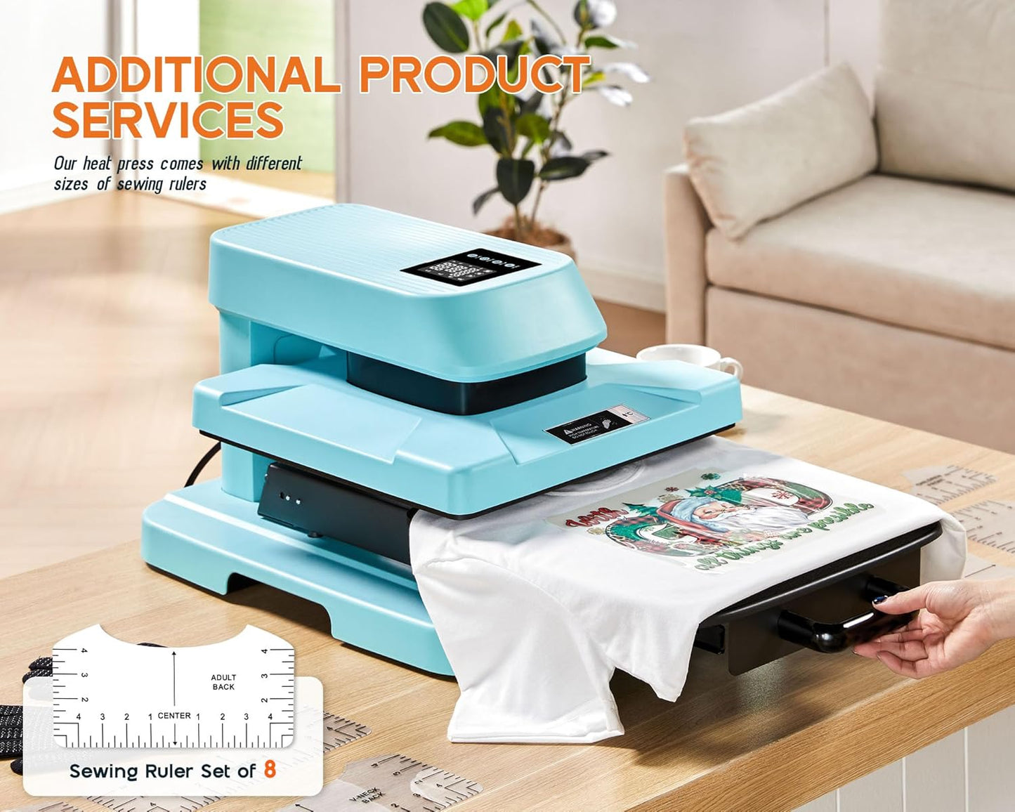 LUXOAK 15x15 Inch Heat Press Machine with Auto Release, Smart T-Shirt Printing for HTV, Sublimation & Heat Transfer, Includes 8pc T-Shirt Templates, Light Blue