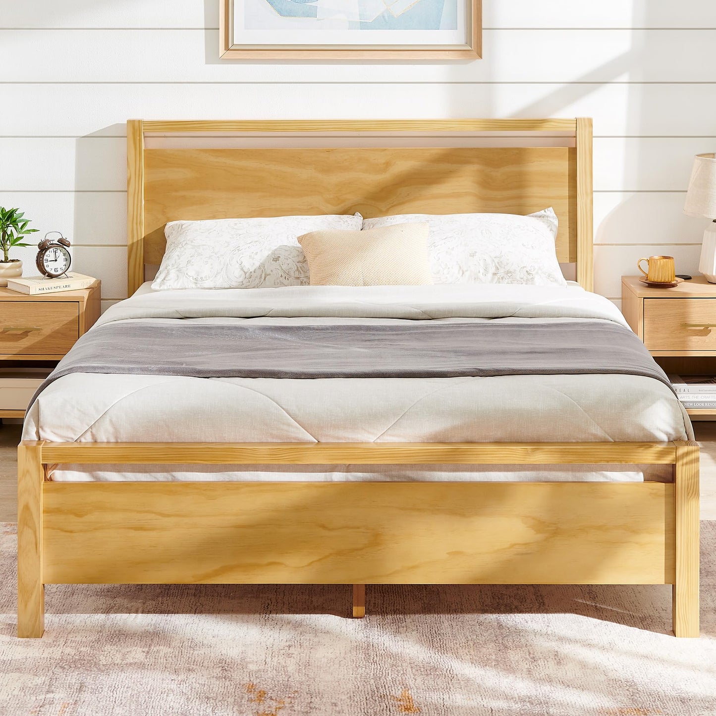 VANACC Solid Wood Bed Frame with Headboard, Minimalist Platform Bed with Wood Slats Support, Easy Assembly, Noise-Free