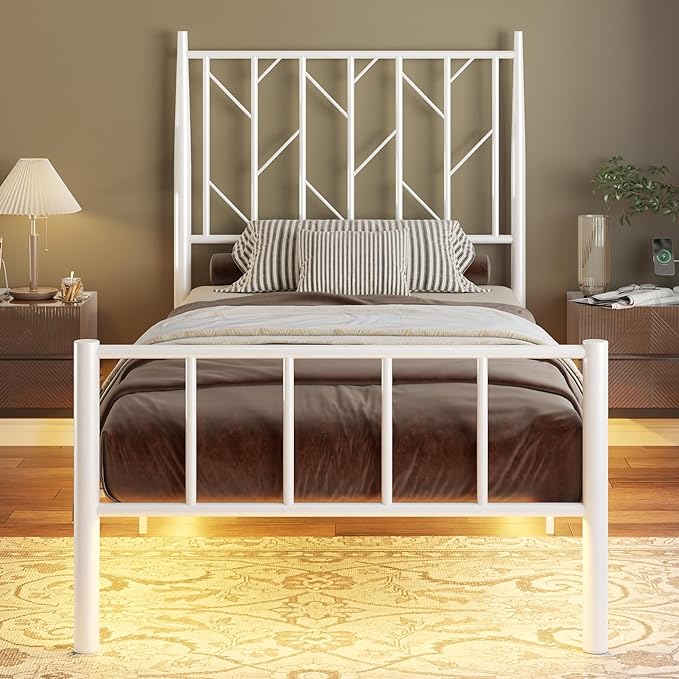 Twin Metal Bed Frame with Adjustable Headboard and LED Lights