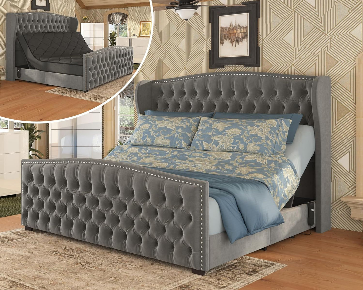51" H Queen Size Adjustable Bed Frame with Dual Motor/Nailhead Trim Wingback, Cream