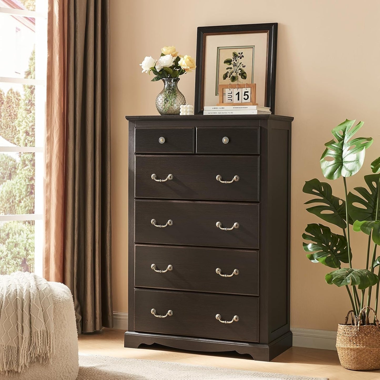 Farmhouse 6 Drawers Dresser for Bedroom, Wood Chest of Drawers with Metal Handle, White