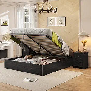 Lift Up Storage Bed, Full Bed Frame with Storage Underneath, Wooden Platform Bed Frame, Solid Wood Slats Support, No Fixed Headboard, No Box Spring Needed, Rustic Grey