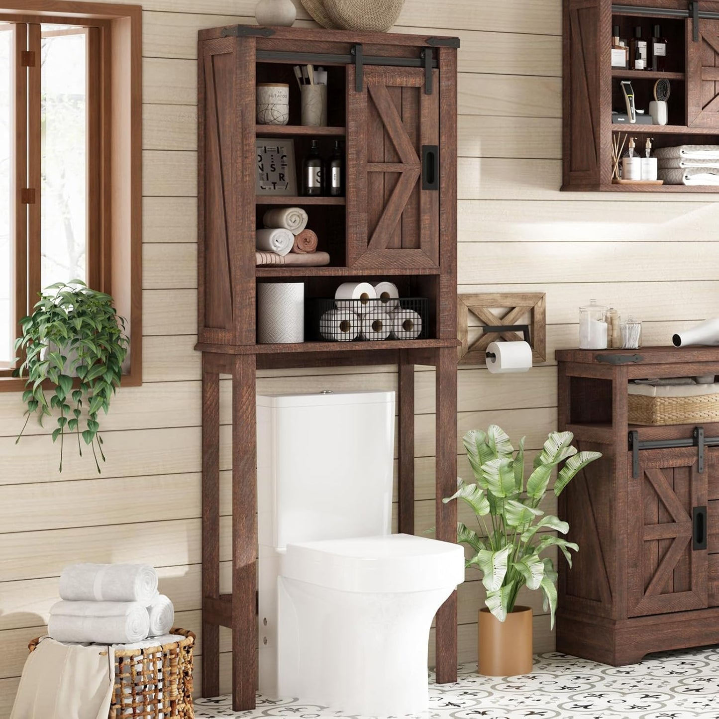 Over Toilet Storage Cabinet, 68" H Farmhouse Over Toilet Shelf with Sliding Barn Door& 3 Adjustable Shelves, Towel Storage for Bathroom