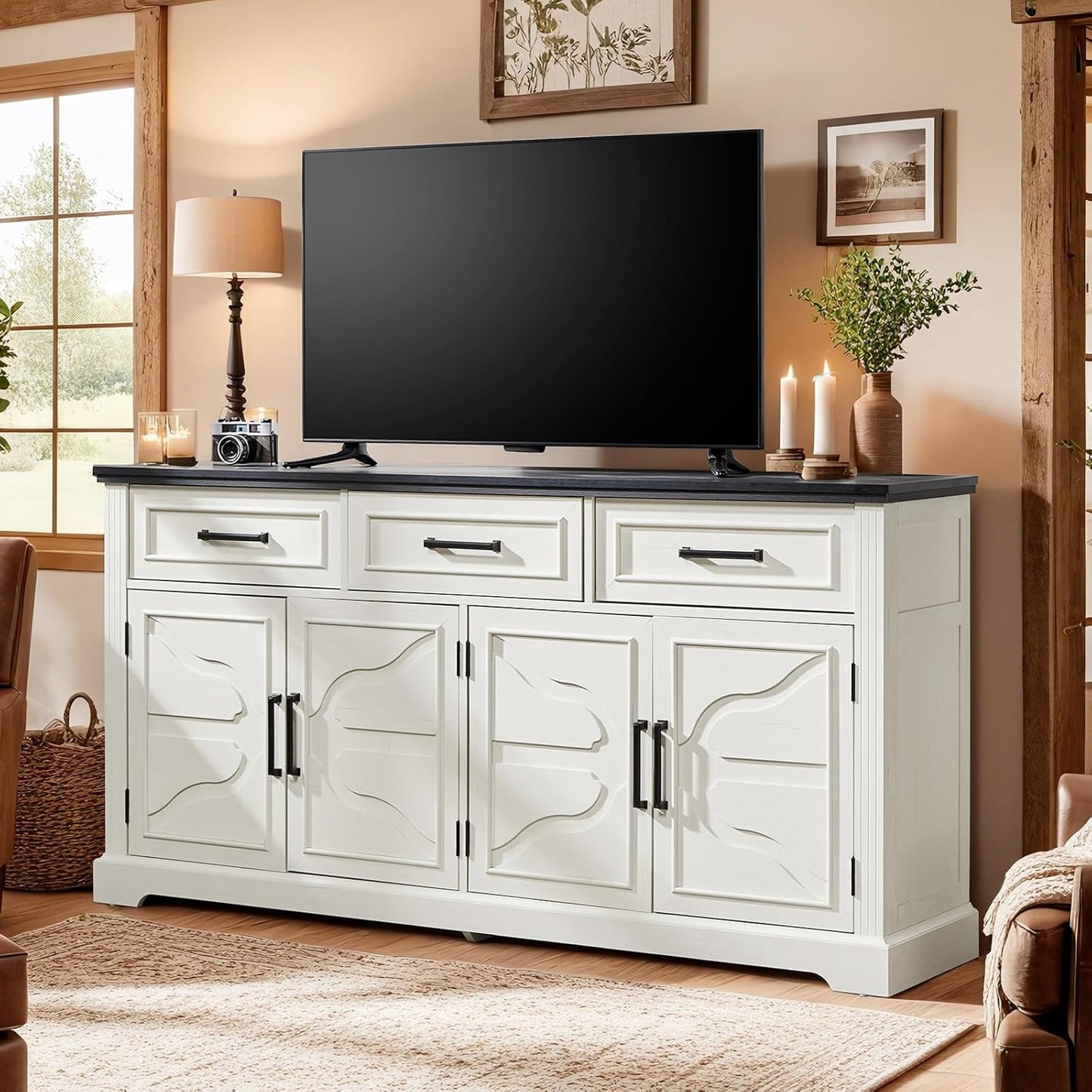 Sideboard Buffet Cabinet with Adjustable Shelf for Dining Room, Living Room, White