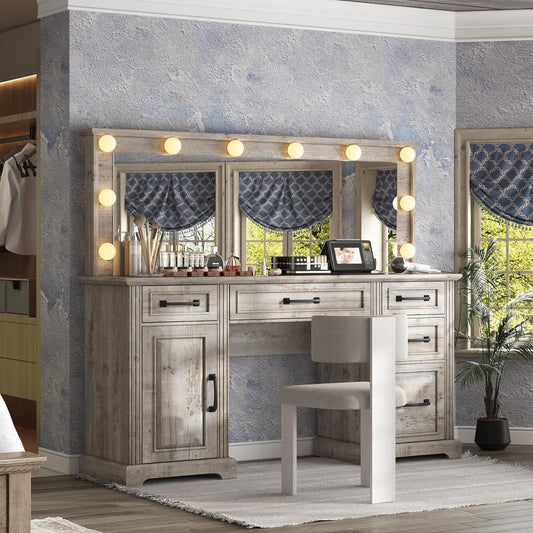 Makeup Vanity with Mirror & Lights, Glass Top Vanity with 5 Drawers & Charging Station, Grey