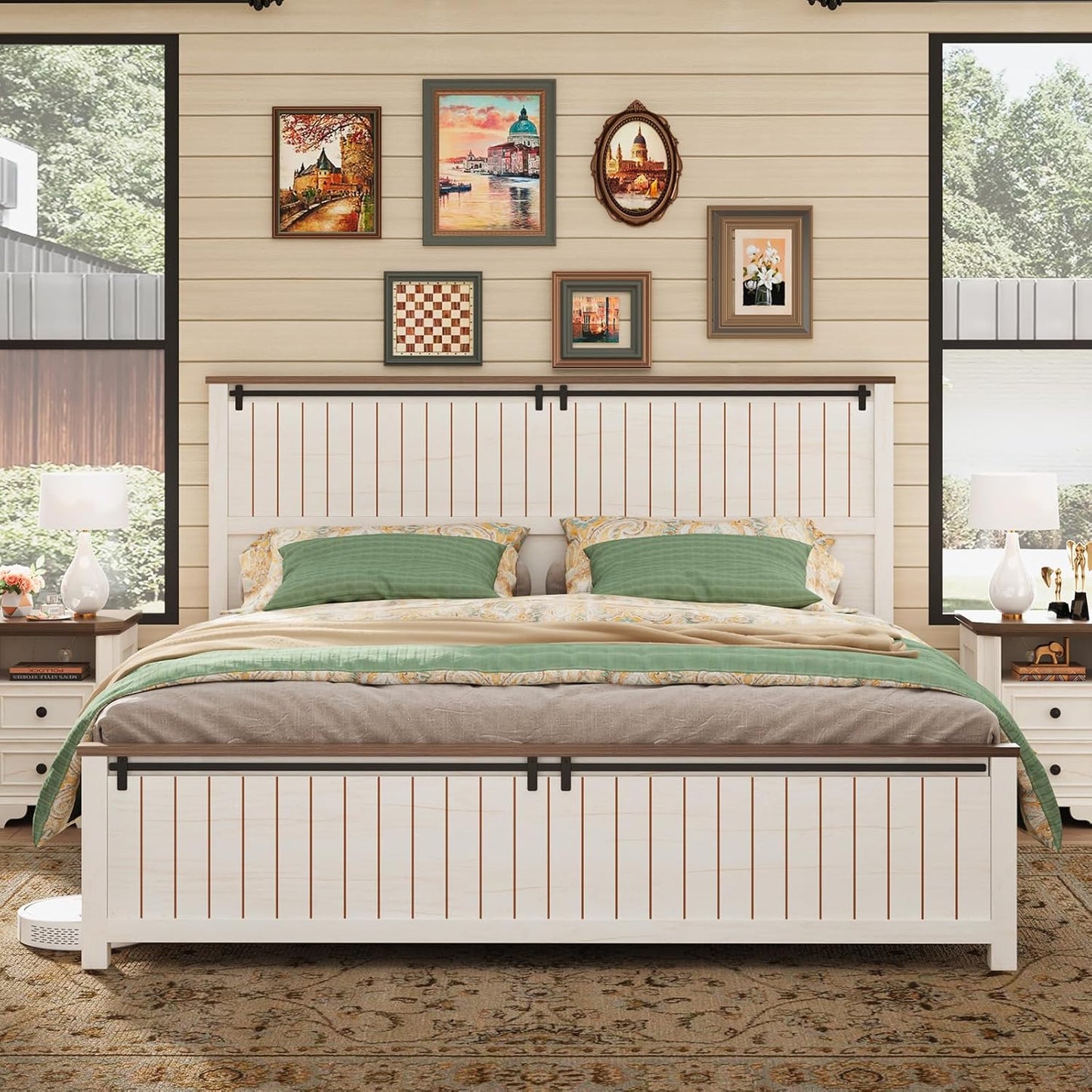 Farmhouse Bed Frame with Sliding Barn Door, Wooden Rustic Platform Bed Frame with 47" Tall Headboard, Noise-Free, Solid Wood Slats & Metal Support, No Box Spring Needed