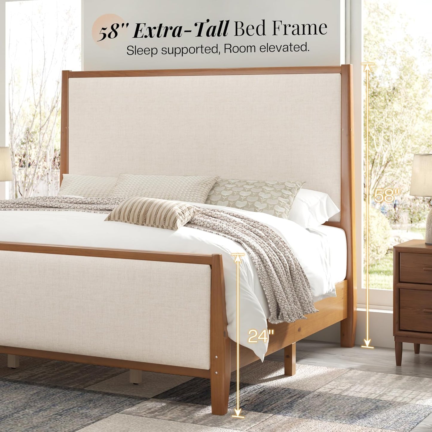 Jocisland 58" Tall Solid Wood Bed Frame with Upholstered Headboard & Footboard, Wooden Platform Bedframe, No Box Spring Needed, Easy Assembly, Modern Farmhouse Style
