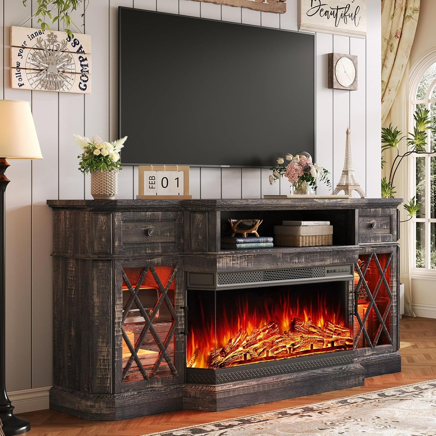 Bevel 3-Sided Glass Farmhouse Fireplace TV Stand with 36" Fireplace, 70" LED Lights Entertainment Center Glass Doors & Drawers, TV Cabinet Console Table for TVs Up to 80", Living Room