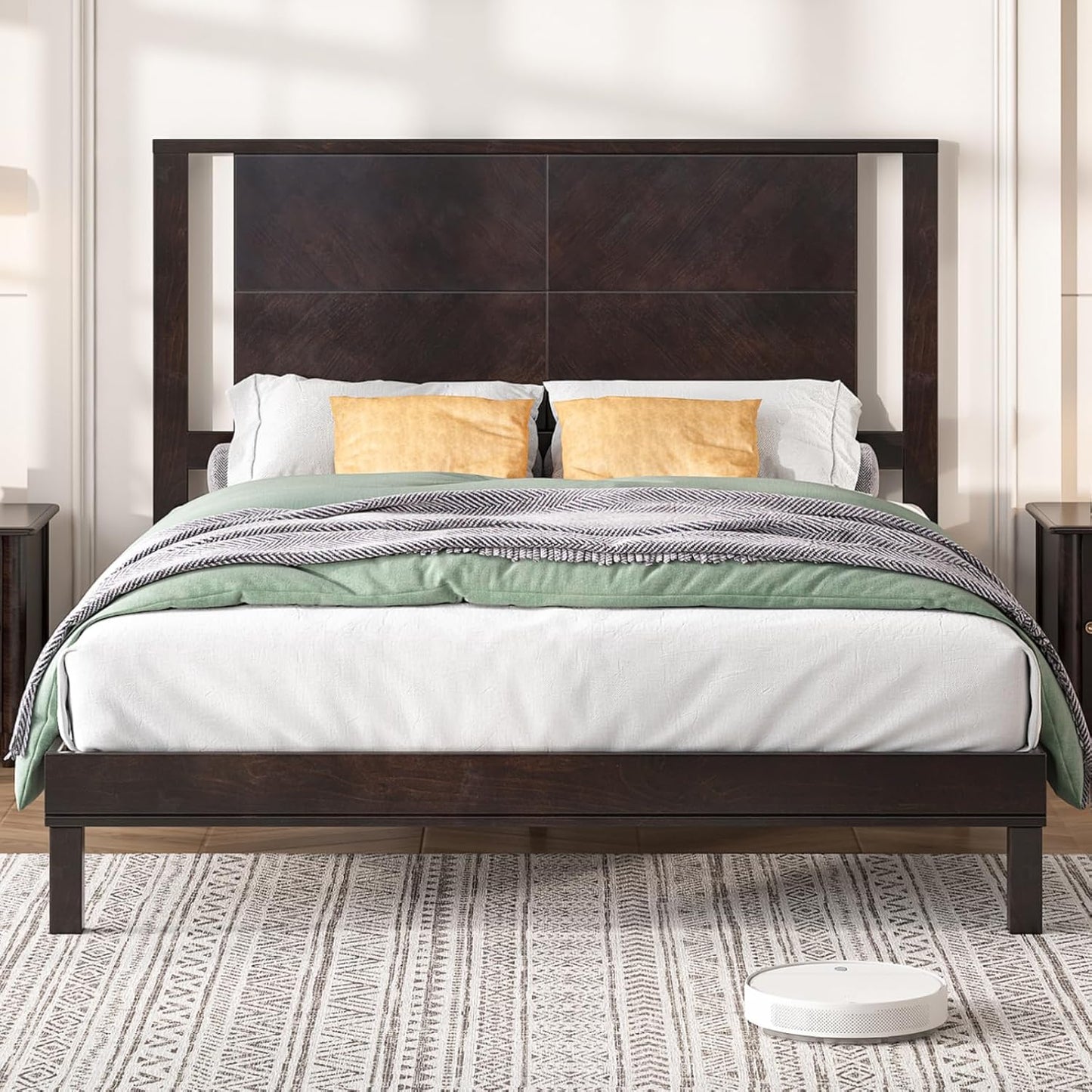 Solid Wood Queen Size Bed, Mid Century Modern Style Bedroom Furniture, Dark Brown