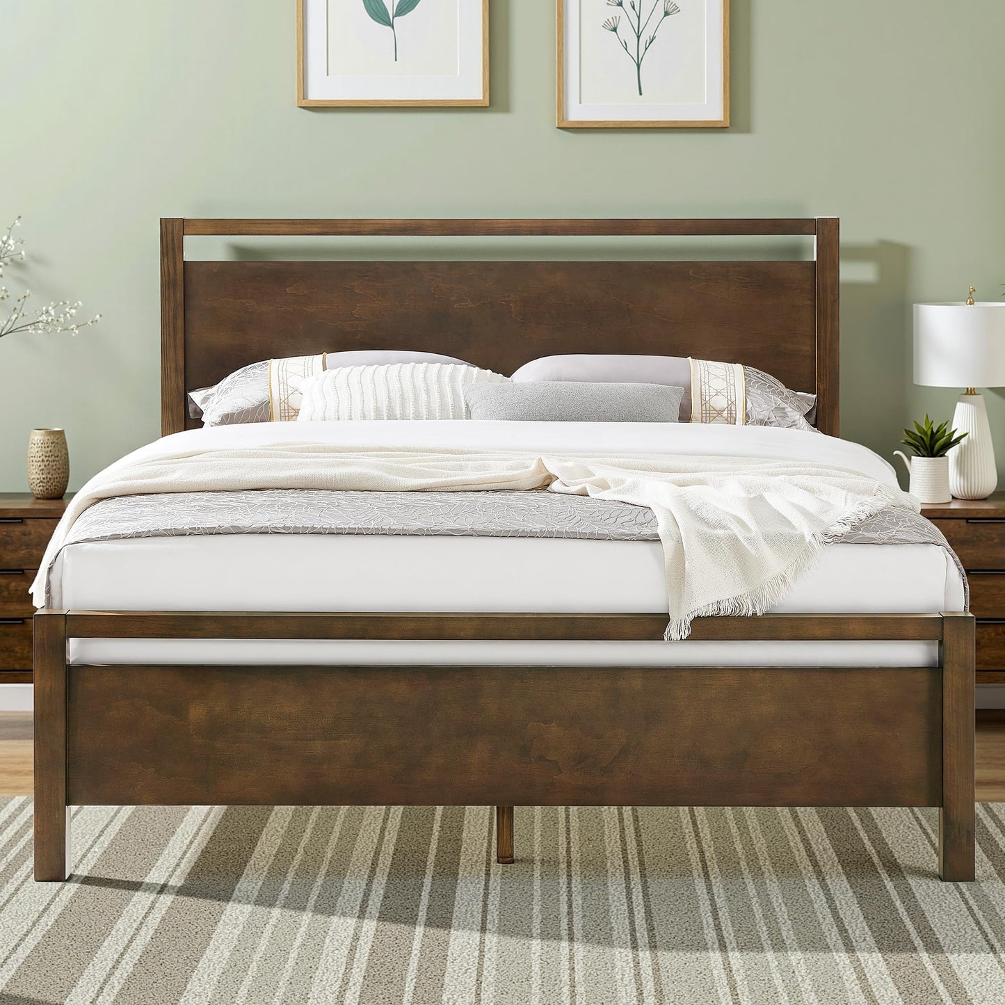 VANACC Solid Wood Bed Frame with Headboard, Minimalist Platform Bed with Wood Slats Support, Easy Assembly, Noise-Free