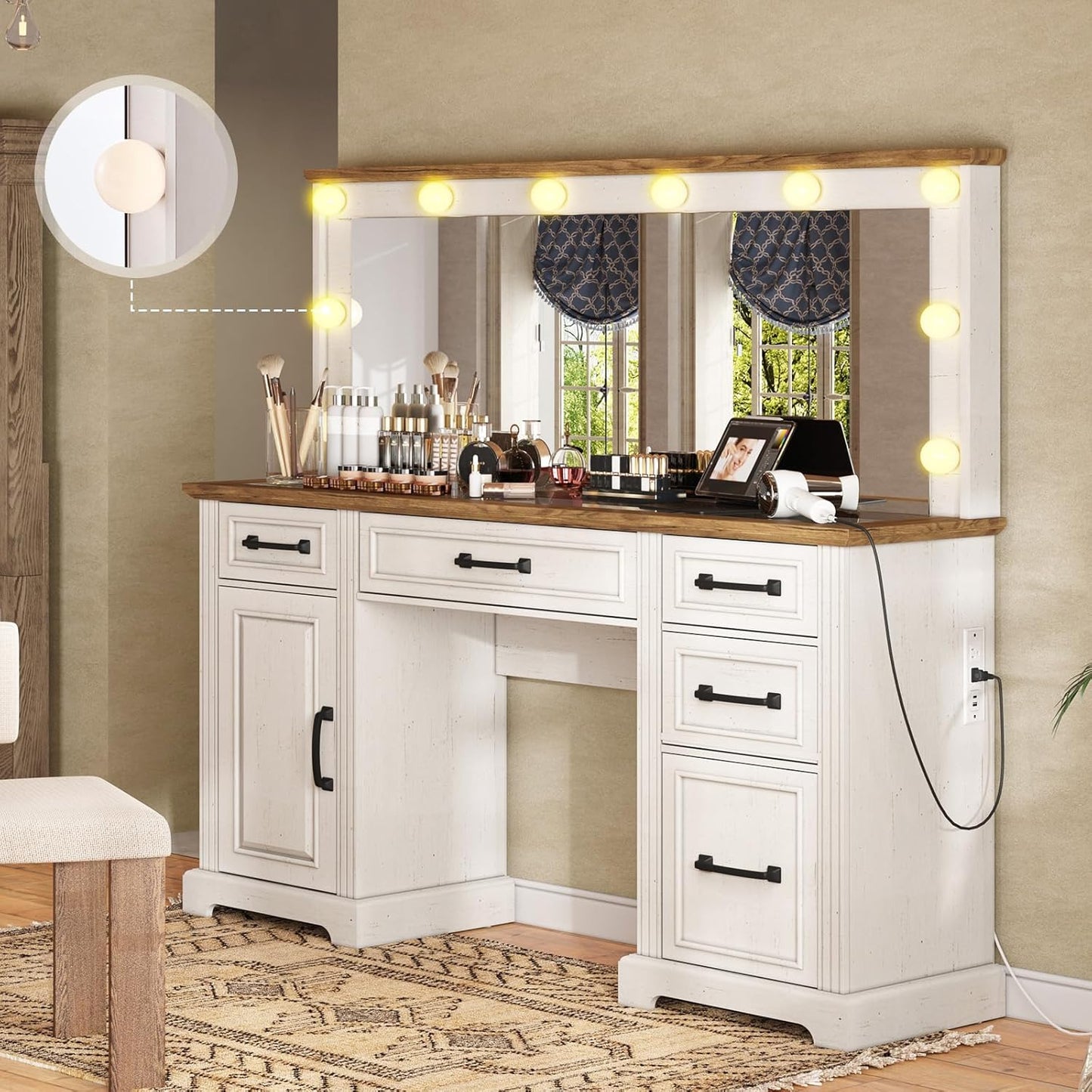 Makeup Vanity with Mirror & Lights, Glass Top Vanity with 5 Drawers & Charging Station, Grey