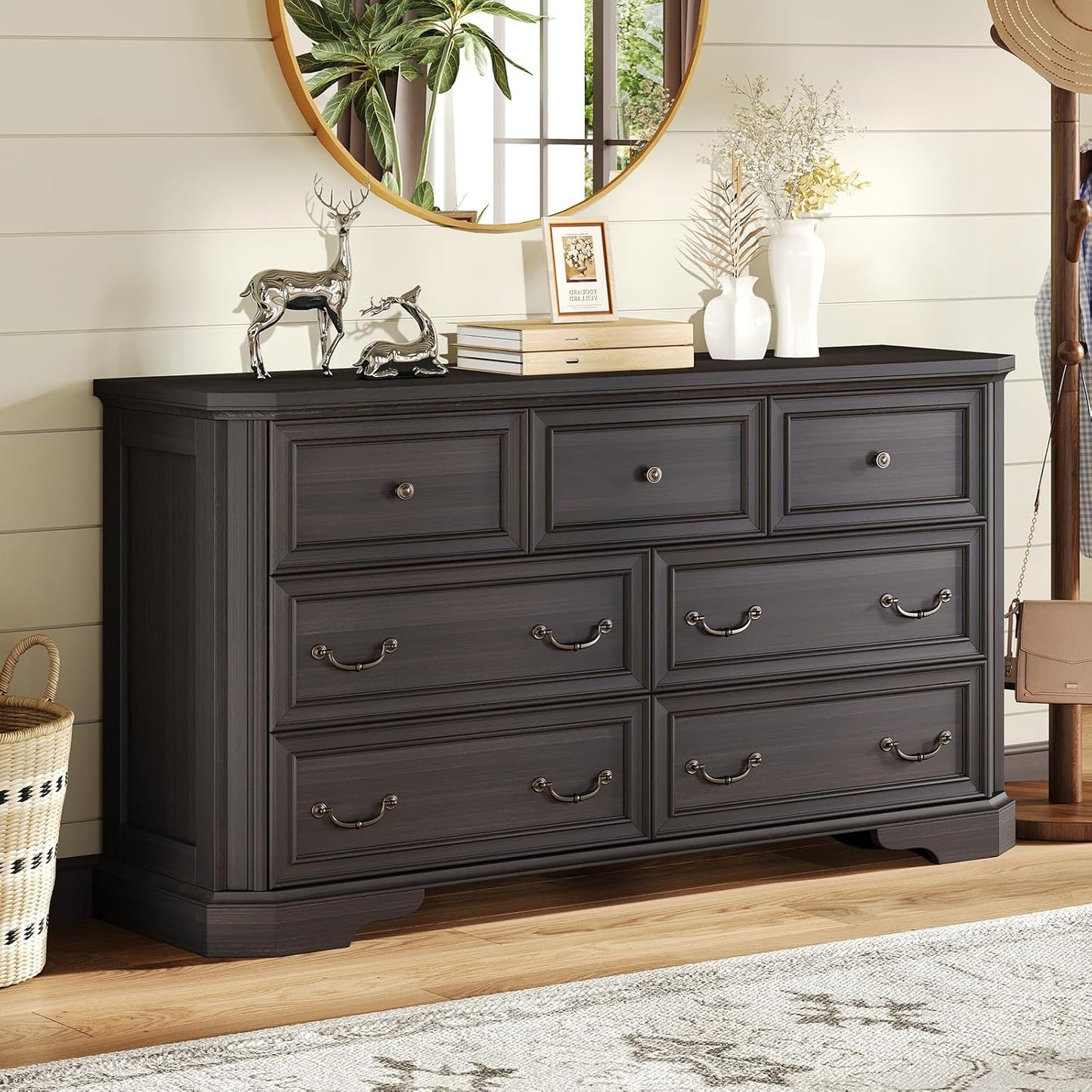 Farmhouse 54" Wide 7 Drawers Dresser for Bedroom, Wood Rustic Chest of Drawers Dresser with Corner Bevel Shape, Closet Storage Dressers for Bedroom, Living Room, Hallway