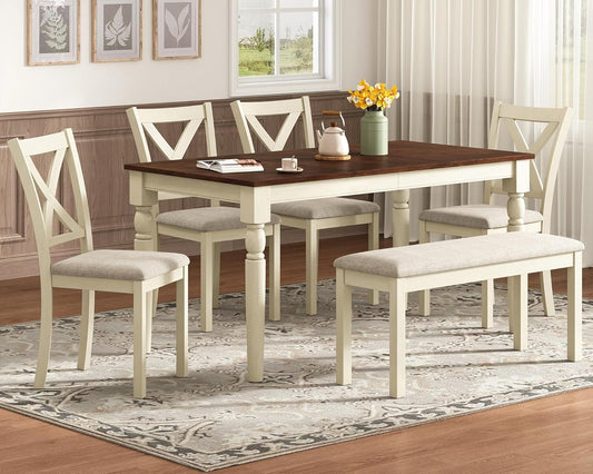 Merkuxy 6-Piece 60" Solid Wood Dining Table Set, for Kitchen, Dining Room, Brown & Cream