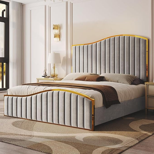 Queen Size Bed Frame, 61.4" High Headboard Platform Bed Velvet Upholstered with Gold Trim & Footboard/Wooden Slats/No Box Spring Required/Grey