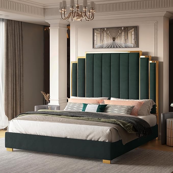 King Size Platform Bed Frame, 65" Velvet Upholstered Bed with Gold Trim Headboard/Wooden Slats/No Box Spring Needed/Cream