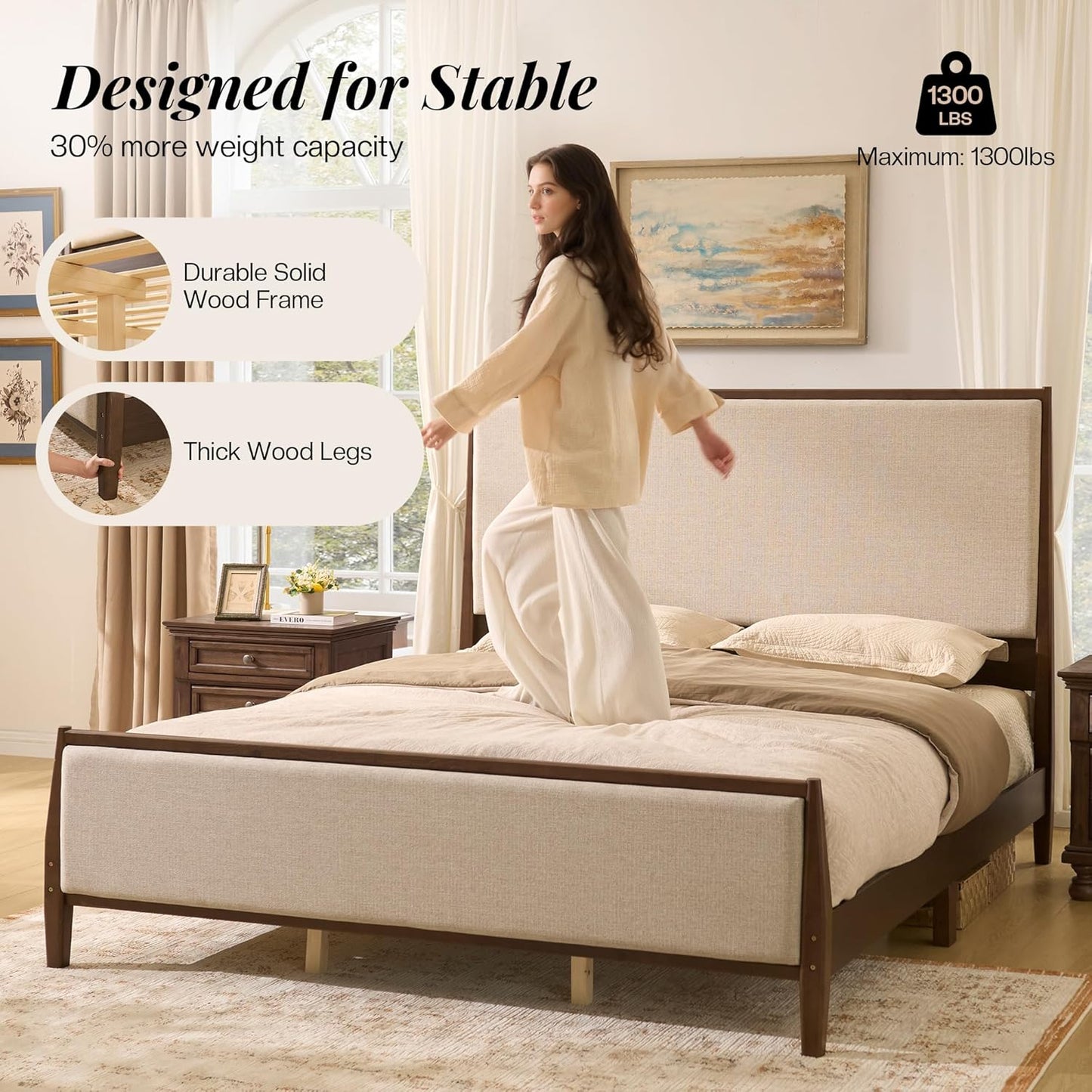 Jocisland 58" Tall Solid Wood Bed Frame with Upholstered Headboard & Footboard, Wooden Platform Bedframe, No Box Spring Needed, Easy Assembly, Modern Farmhouse Style
