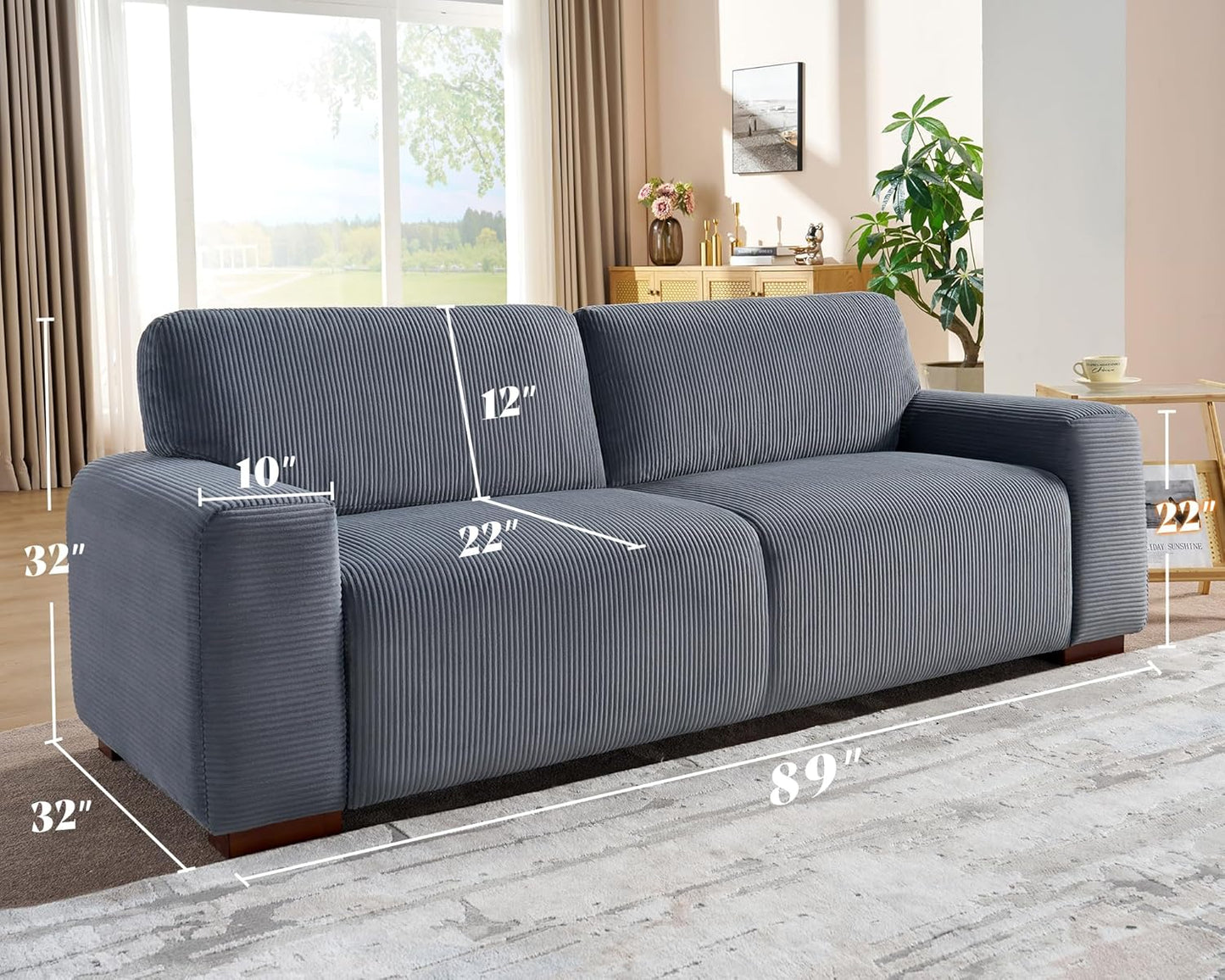 Sofa, 89 inch Oversized Couch with Thick Armrest, Comfy Sofa Couch for Living Room-3 Seater Sofa in Grey Corduroy