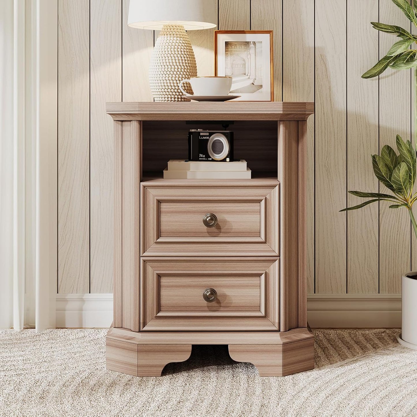 Farmhouse Nightstand with Charging Station, Wood Rustic End Table of Corner Bevel Shape with Drawers, Wood Side Sofa Bedside Cabinet for Bedroom, Living Room, Hallway