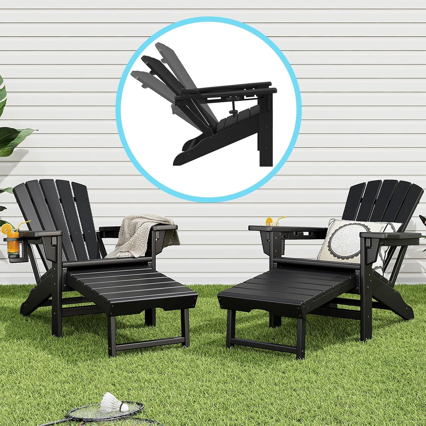 HDPE Adjustable Adirondack Chair with Cup Holder and Retractable Ottoman, Outdoor Chair for Patio, Garden, Deck, Porch, Lawn, Pool and Backyard