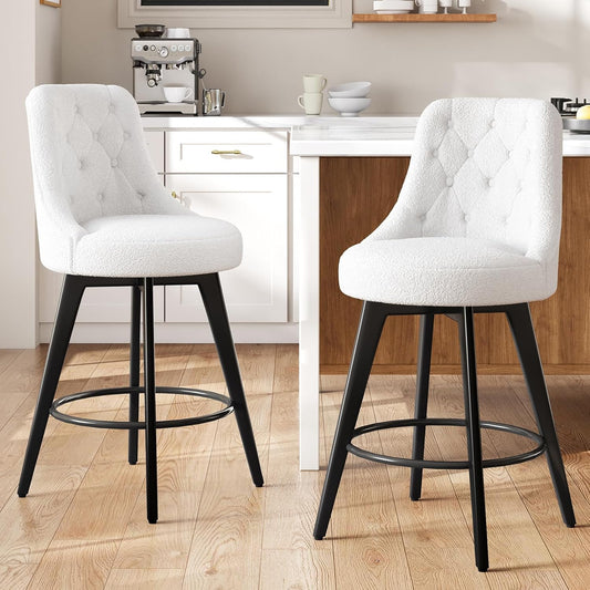 Counter Height Bar Stools Set of 2, Boucle Upholstered Chairs for Kitchen, White
