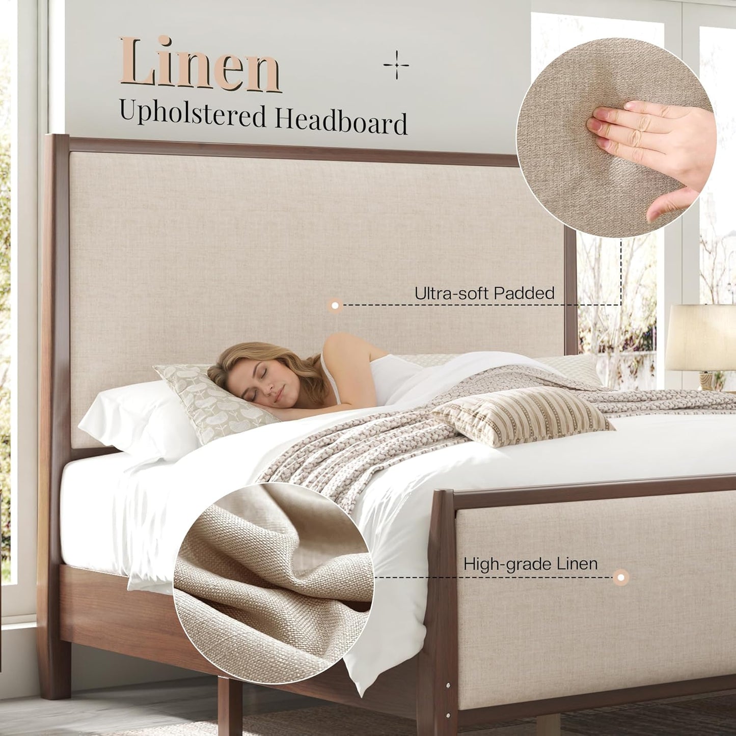 Jocisland 58" Tall Solid Wood Bed Frame with Upholstered Headboard & Footboard, Wooden Platform Bedframe, No Box Spring Needed, Easy Assembly, Modern Farmhouse Style