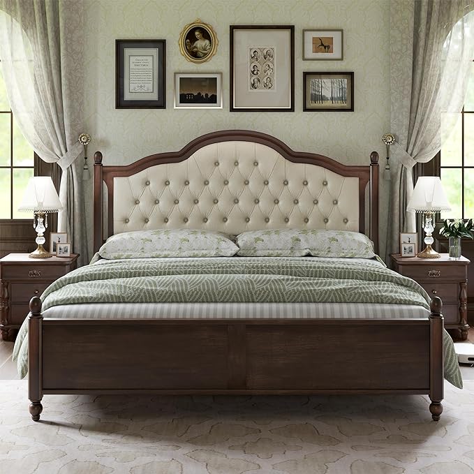 Solid Wood Bed Frame Queen Size, Transitional Platform Bed with 52.5" Upholstered Tufted Headboard, Rubberwood/Roman Column Accents/Wood Slat Support/No Box Spring Needed