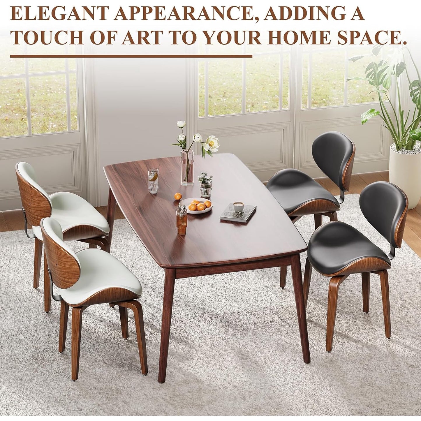 LUXOAK Faux Leather Dining Chairs set of 2, Mid Century Modern Chair with Walnut Bentwood, Dining Room Chairs with Curved Upholstered Seat, Adjustable Foots for Kitchen Dining Room Chairs