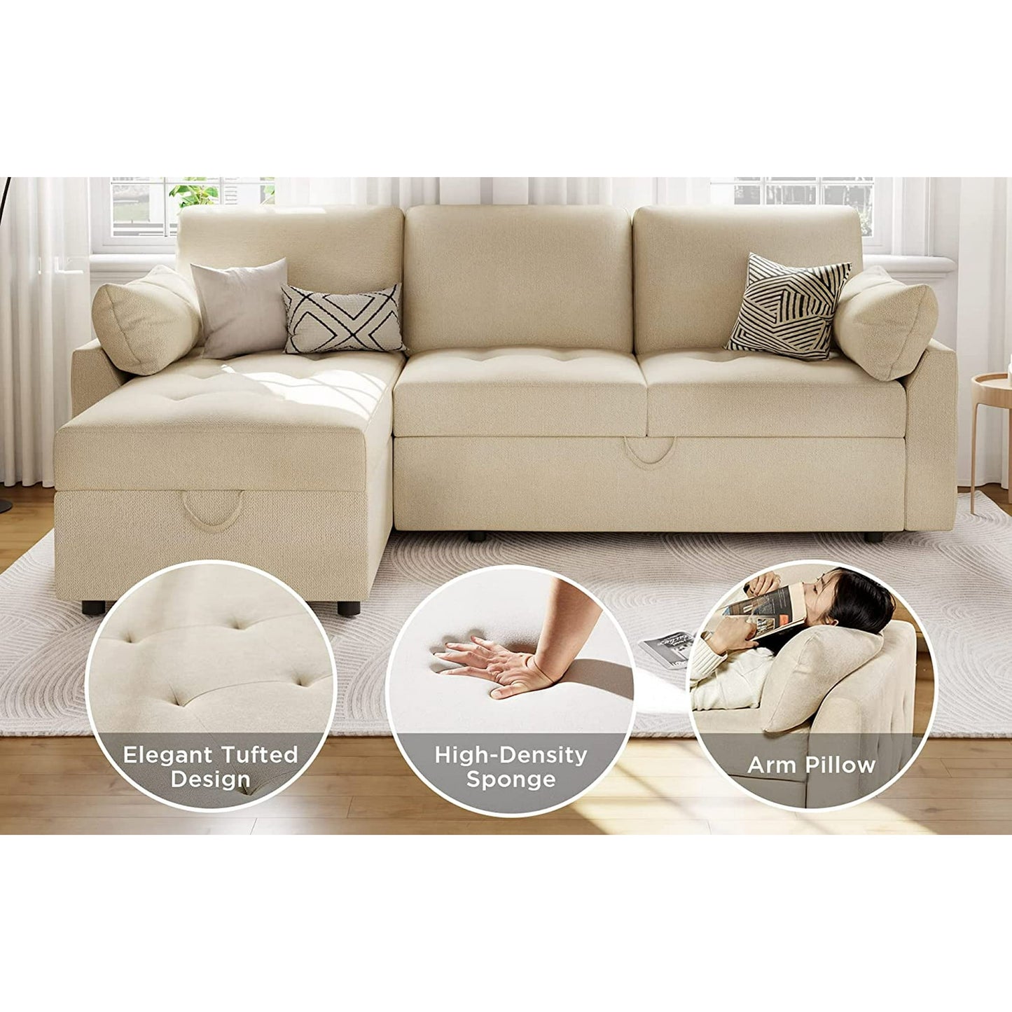 Pull Out Sofa Bed, Tufted Sleeper Sofa, L Shaped Couch with Storage Chaise, Chenille Beige