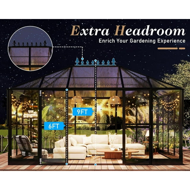 Jocisland 14x9.5x9 FT Pavilion Styled Greenhouse with Clear Panels Double Swing Doors, 6 FT Wall Height Hybrid Polycarbonate Greenhouse, Green Houses for Outdoors, Sunroom Black