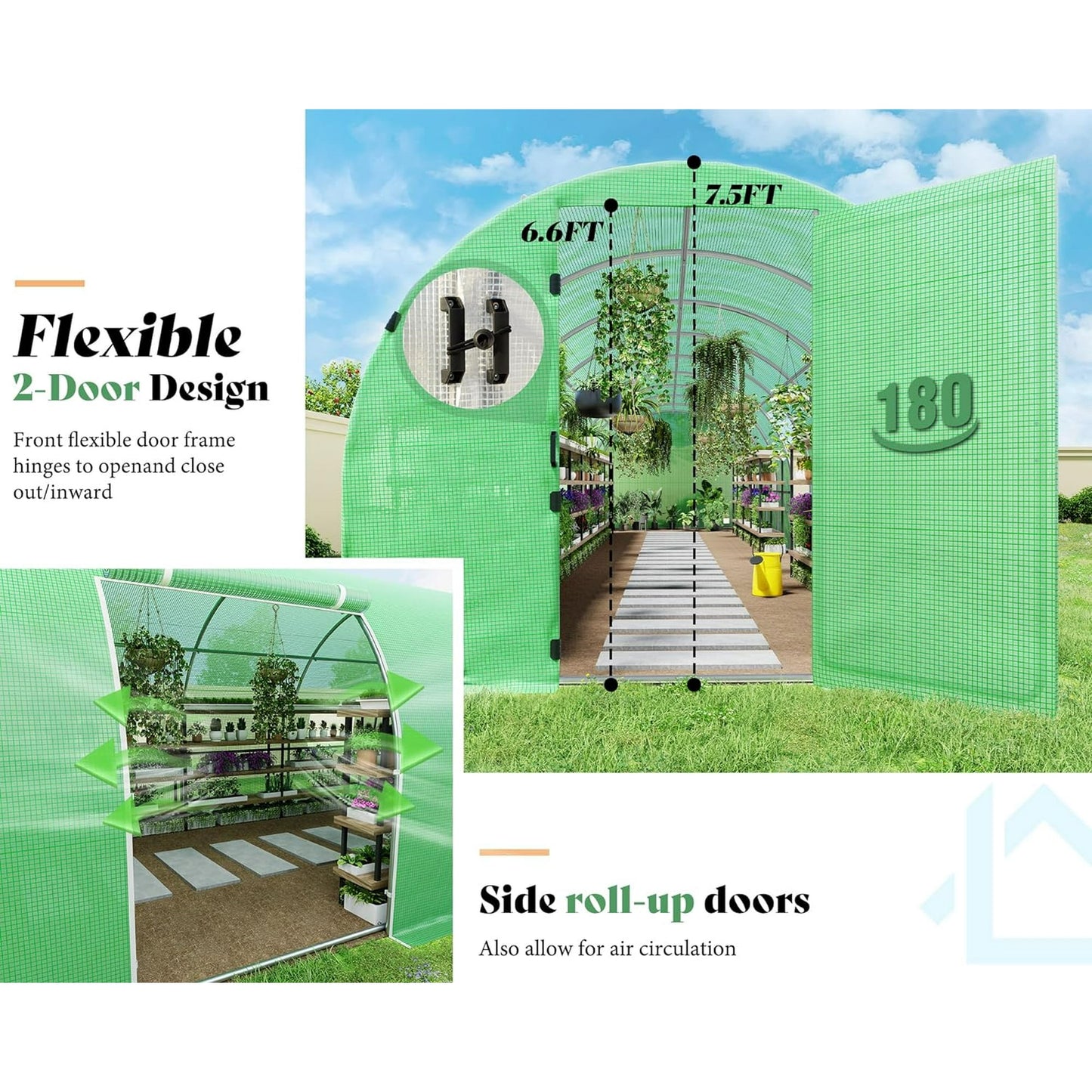 Jocisland 44x10x7.5 ft Tunnel Greenhouse for Outdoors Upgraded Swing Door Premium PE Cover & Film Clips, Green