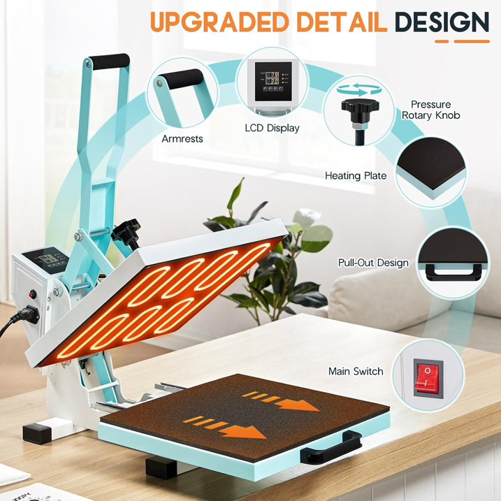 Jocisland 2-in-1 15x15 Heat Press, Industrial-Quality Digital Sublimation Heat Press Machine for T-Shirts, Mugs, 30oz Mug Press, Sewing Rulers, Blue