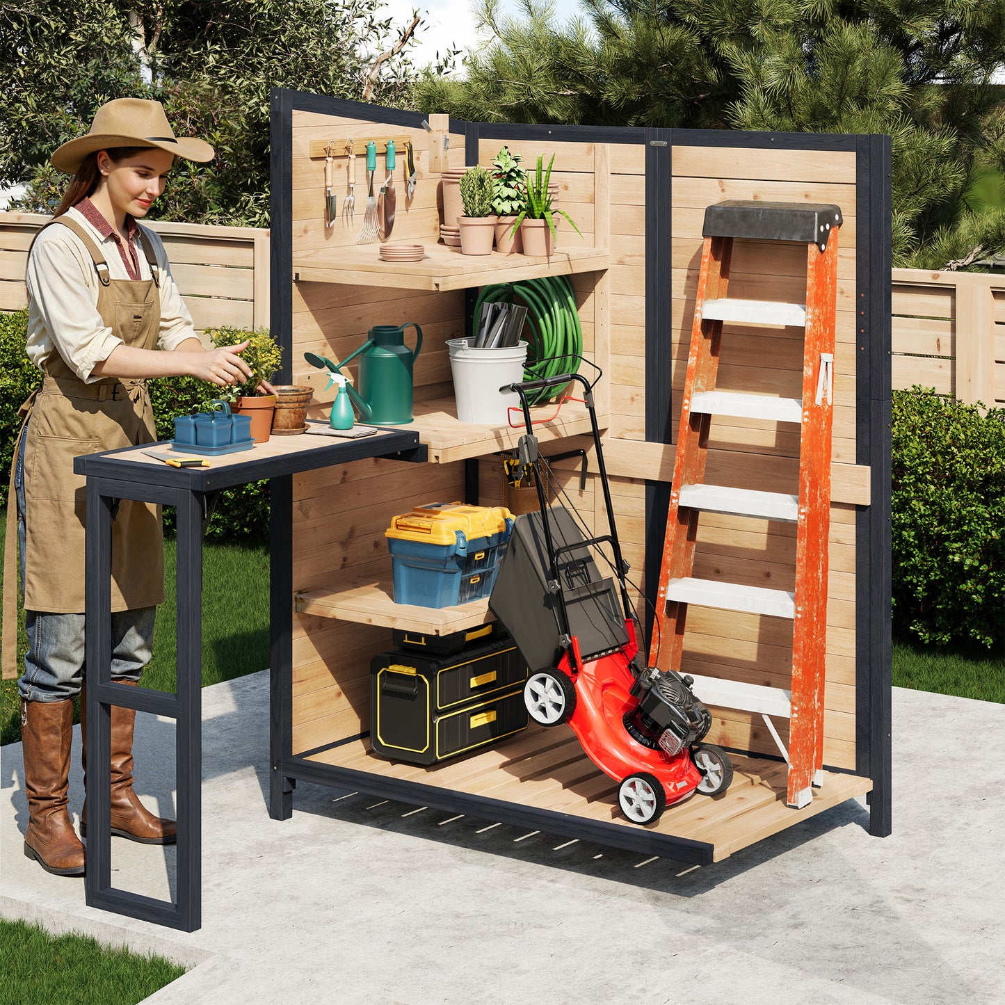 Jocisland Solid Wood Outdoor Storage Shed,Garden Tool Shed with Foldable Workbench, Adjustable Shelves,Slooping Roof,Weatherproof Utility Cabinet for Backyard,Patio&Lawn, Poolside
