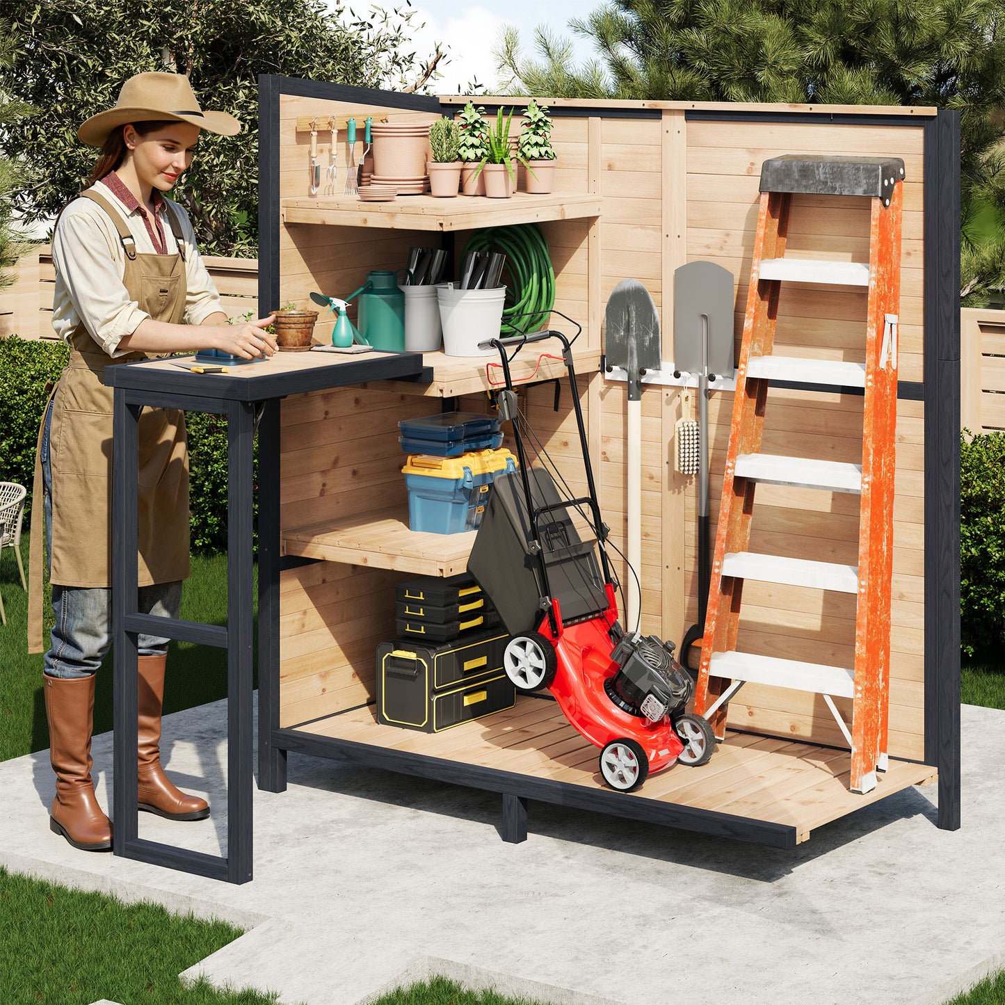 Jocisland Solid Fir Wood Outdoor Storage Shed,Garden Tool Shed with Foldable Workbench, Adjustable Shelves,Sloping Roof,Weatherproof Utility Cabinet for Backyard,Patio&Lawn, Poolside,2.76x5.15x5.9 FT