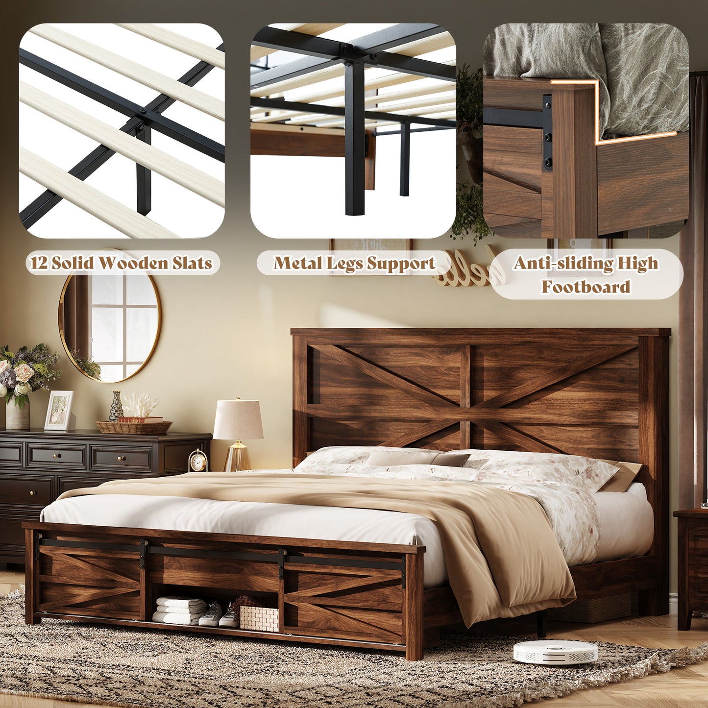 Merluxy Farmhouse Wood Bed Frame Full Size with Sliding Barn Door Storage Cabinets and Headboard,Solid Wood Slats Support,No Squeak, No Box Spring Needed,Rusric Brown