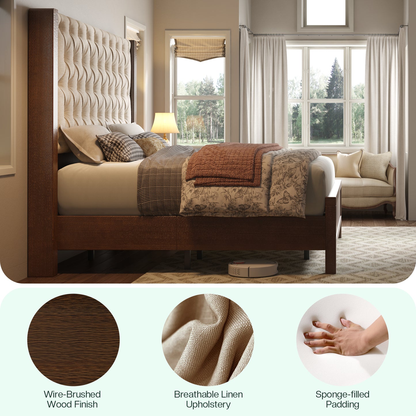 Jocisland Solid Wood Bed Frame, 57" Tall Farmhouse Platform Beds, Upholstered Line Wingback Headboard, Deep Button Tufted, No Box Spring Needed, Easy Assembly