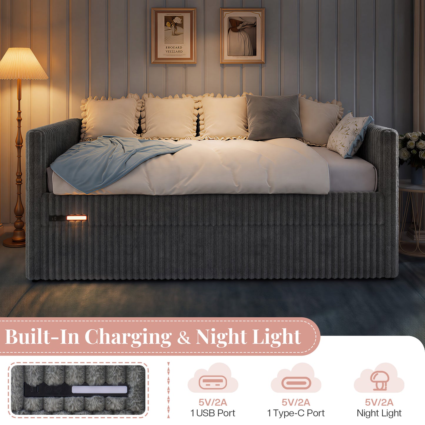 Jocisland Twin Size Corduroy Daybed with 2 Storage Drawers & Bedside Pockets, Upholstery Sofa Bed With Charging & Night Light, Easy Assembly, No Box Spring Needed, for Living Room, Bedroom