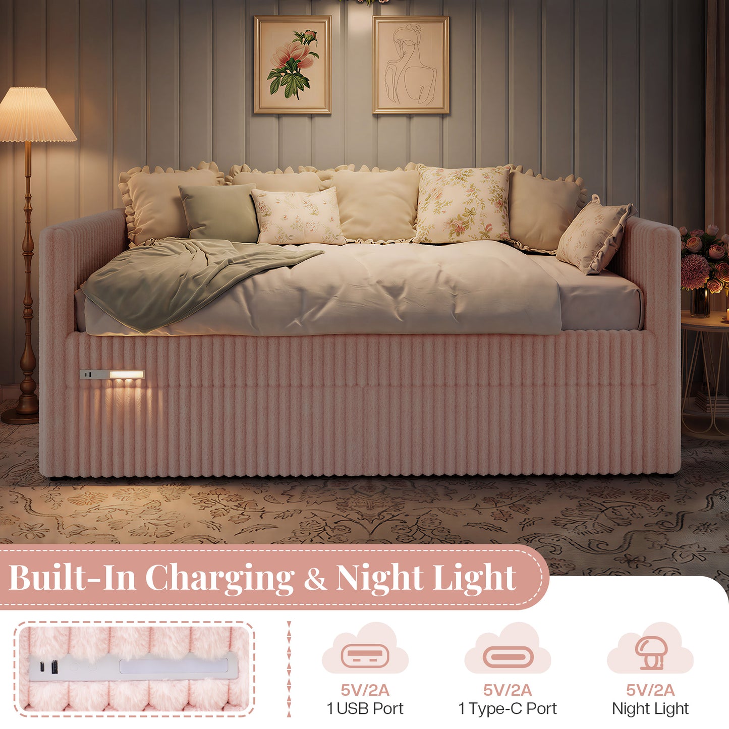Jocisland Twin Size Corduroy Daybed with 2 Storage Drawers & Bedside Pockets, Upholstery Sofa Bed With Charging & Night Light, Easy Assembly, No Box Spring Needed, for Living Room, Bedroom