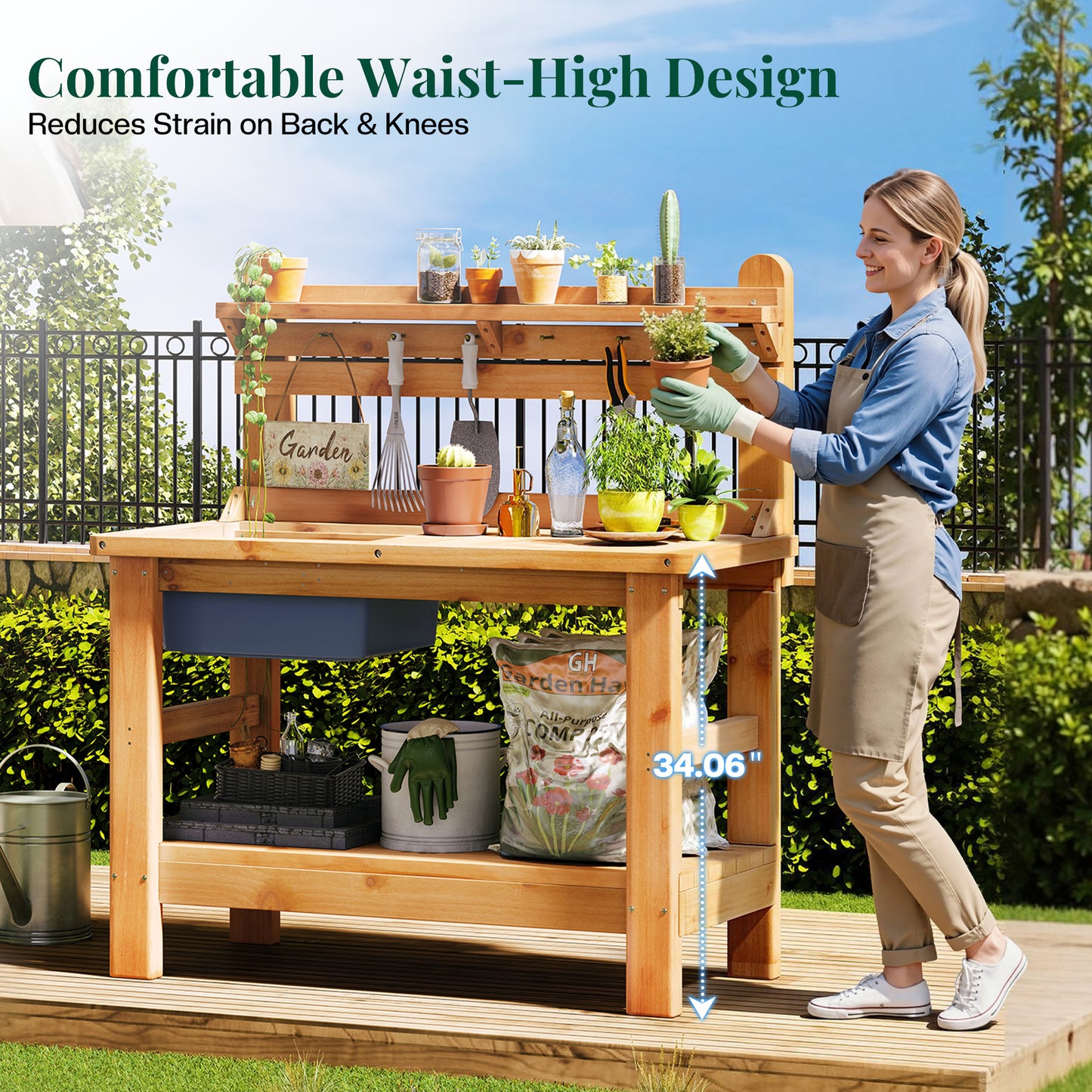 Jocisland Solid Wood Outdoor Potting Bench Table with Large Tabletop, Heavy-Duty Garden Workstation with Removable Plastic Bin, Multi-Level Storage Shelf, Easy Assembly for Patio, Yard & Gardening