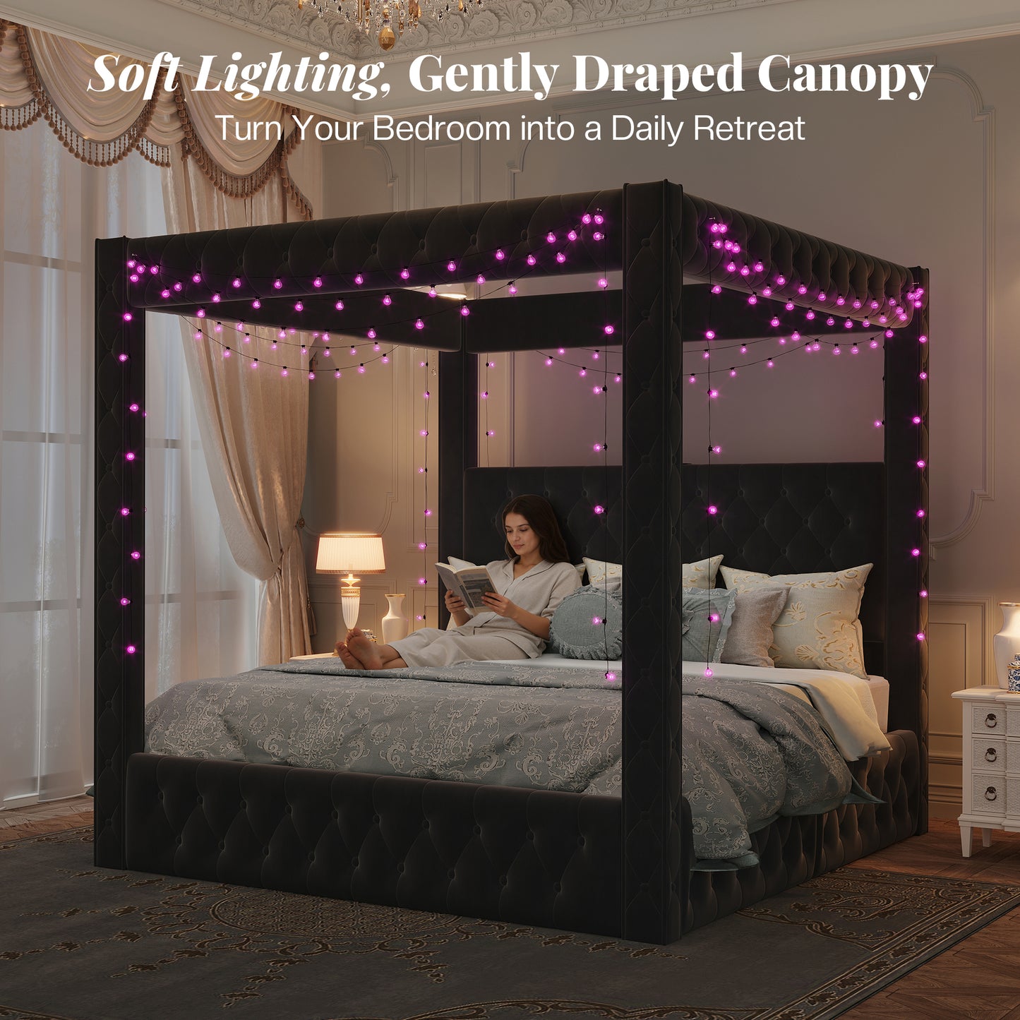 Jocisland Upholstered Canopy Bed Frame with 74.8" Tall Four Poster and Velvet Deep-Tufted Tall Headboard with Charging Station/Modern Luxury Style/No Box Spring Needed