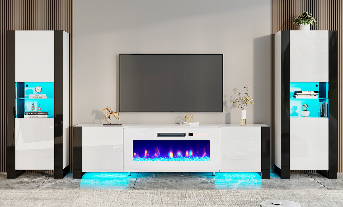 Merluxy 3 Pieces Modern Entertainment Center Set, High Gloss 70" Fireplace TV Stand with LED Lights, 36" Electric Fireplace, 2 Bookcases with Storage for Living Room, Home Office, Black