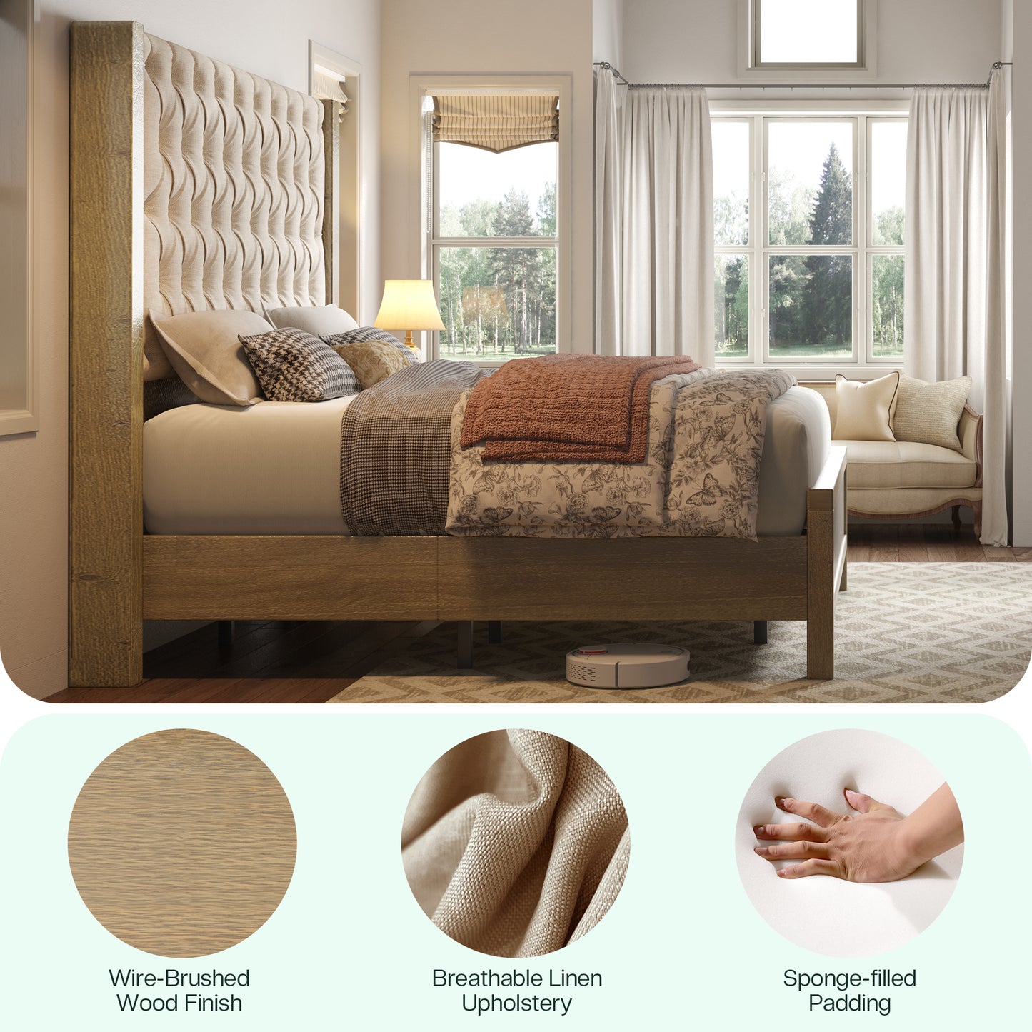 Jocisland Solid Wood Bed Frame, 57" Tall Farmhouse Platform Beds, Upholstered Line Wingback Headboard, Deep Button Tufted, No Box Spring Needed, Easy Assembly