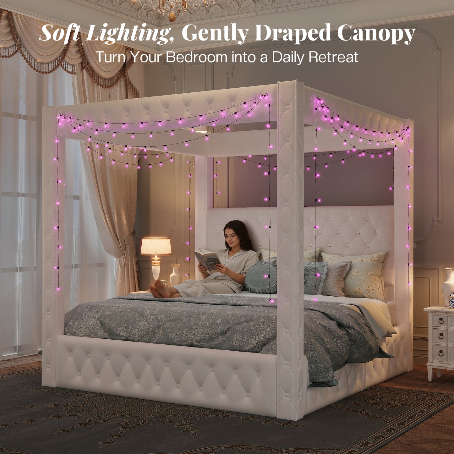 Jocisland Upholstered Canopy Bed Frame with 74.8" Tall Four Poster and Velvet Deep-Tufted Tall Headboard with Charging Station/Modern Luxury Style/No Box Spring Needed