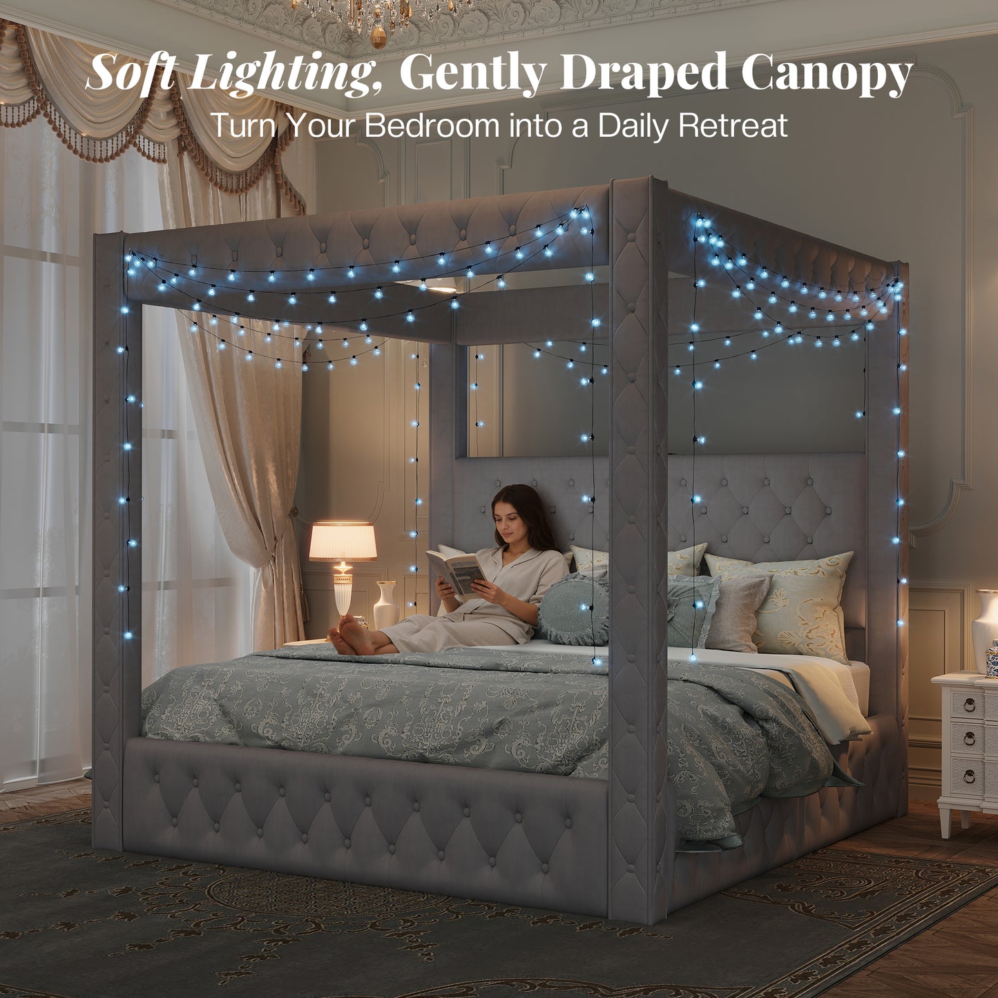 Jocisland Upholstered Canopy Bed Frame with 74.8" Tall Four Poster and Velvet Deep-Tufted Tall Headboard with Charging Station/Modern Luxury Style/No Box Spring Needed