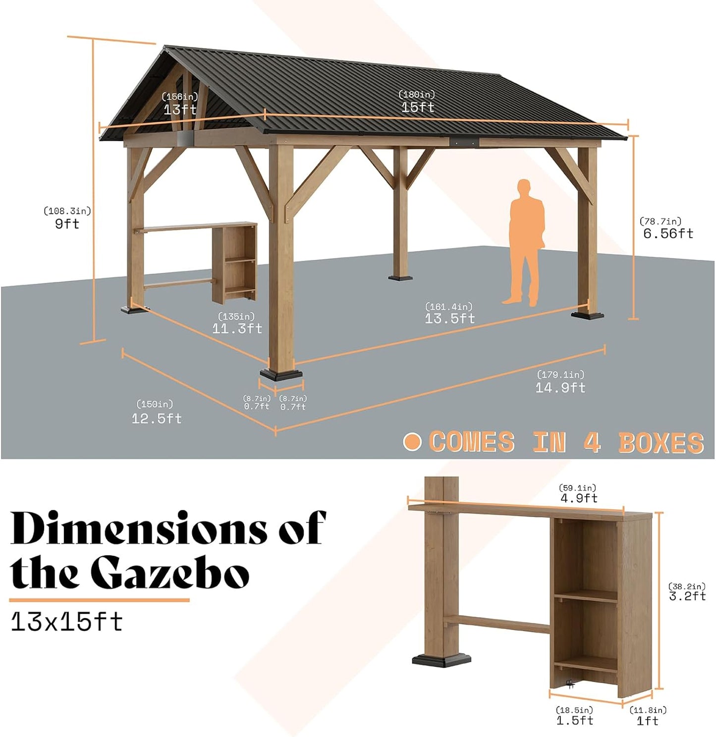 Jocisland Wood Gazebo, Hardtop Gazebo with Metal Steel Gable Roof, Outdoor Gazebo with Guest House for Garden, Porch, Patio, Black + Natural Wood