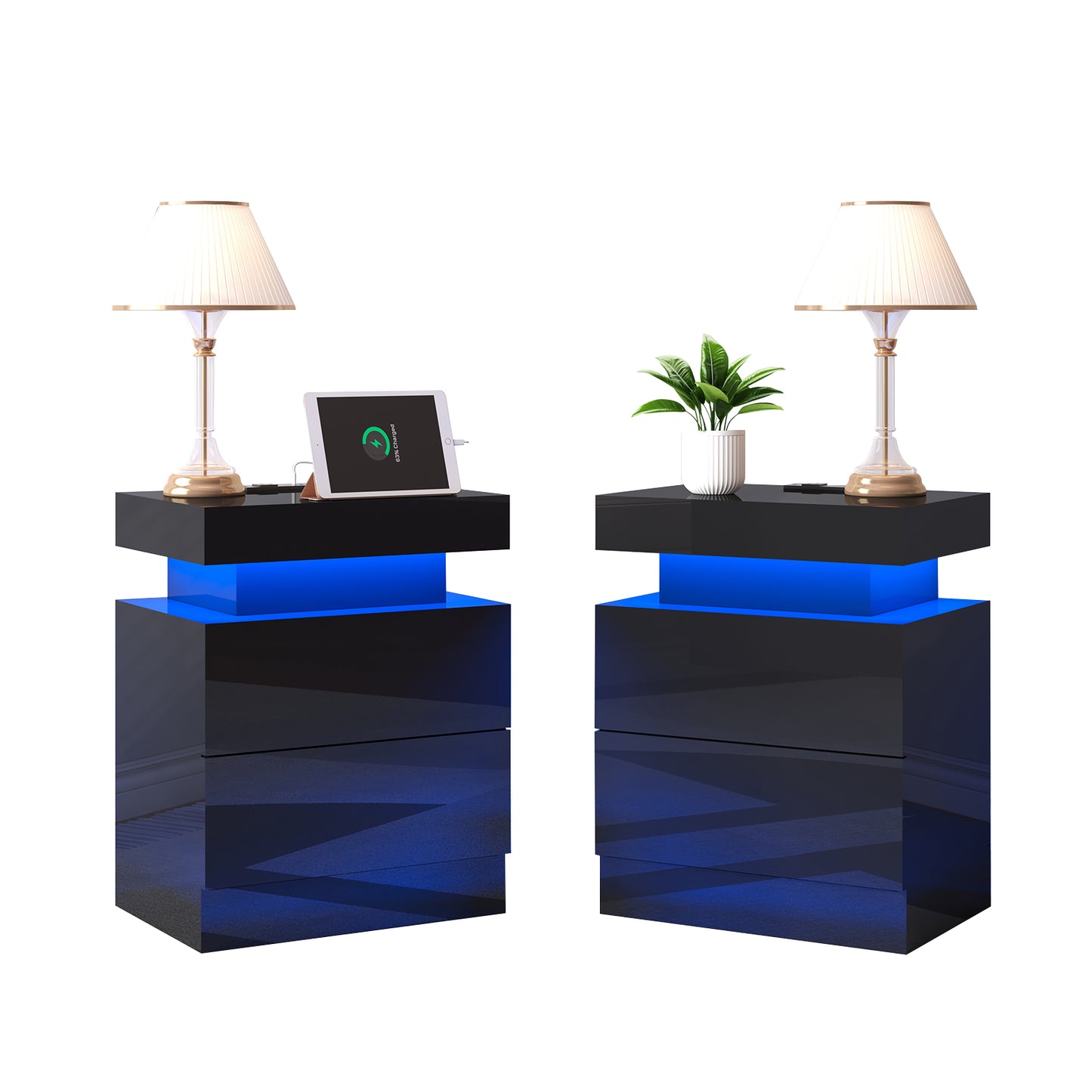 Nightstand Set of 2 with Charging Station and LED Light, Modern Side Table with 2 Drawers and Open Storage Shelf, End Table for Bedroom, Black