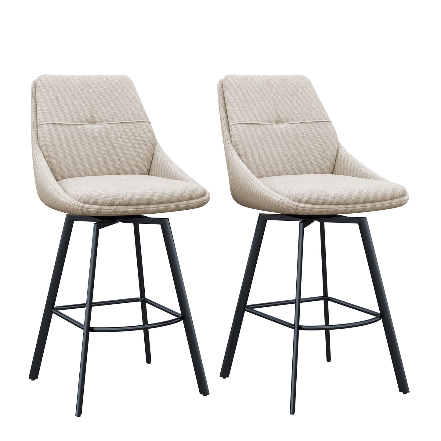 Melucy Counter Height Bar Stools Set of 2, 360° Swivel Bar Stools with Curved Back and Large Seat Cushion, 41" Tall Linen Bar Chair with Metal Footrest, Modern Barstools for Kitchen Island, Black